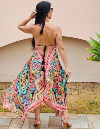 Imagem de Vestido Longo Indiano Seda de Ponta Alcinha Decotado Costa Aberta Moda Praia Gravida Gestante