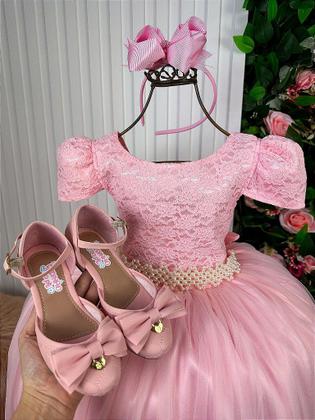 Imagem de Vestido Longo Laura Rosa Bebê com Renda e Tule - Coleção Enjoy