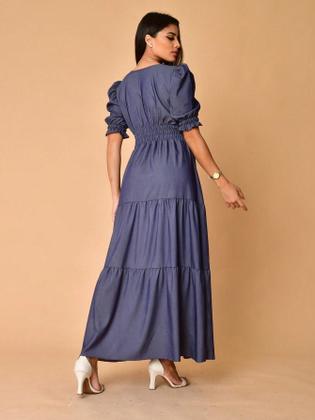 Imagem de Vestido longo luxo chambray decote V manga curto 3141