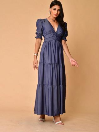 Imagem de Vestido longo luxo chambray decote V manga curto 3141