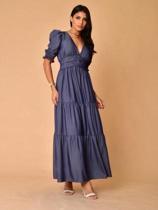 Imagem de Vestido longo luxo chambray decote V manga curto 3141