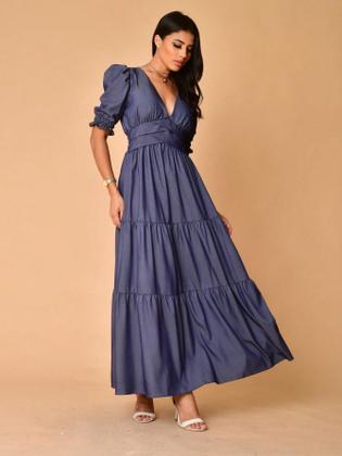 Imagem de Vestido longo luxo chambray decote V manga curto 3141