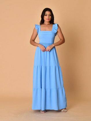 Imagem de Vestido longo luxo duna lisa com babada na manga renda na cintura 1943