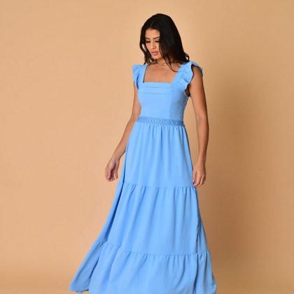 Imagem de Vestido longo luxo duna lisa com babada na manga renda na cintura 1943