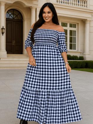 Imagem de Vestido Longo Plus Size Feminino Xadrez Ombro a Ombro Manga Longa Casual Festa Junina