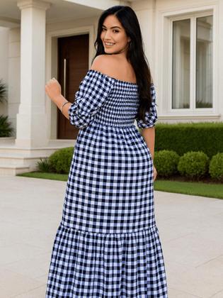 Imagem de Vestido Longo Plus Size Feminino Xadrez Ombro a Ombro Manga Longa Casual Festa Junina