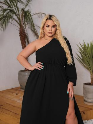 Imagem de Vestido Longo Plus Size Festa Manga Nula Fenda Faixa Amarração Ajustável Elegante