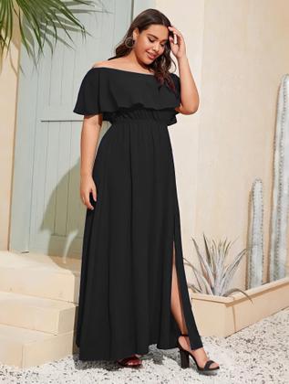 Imagem de Vestido Longo Plus Size preto com fenda moda plus longo ajustável ao corpo