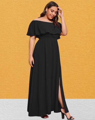 Imagem de Vestido Longo Plus Size preto com fenda moda plus longo ajustável ao corpo