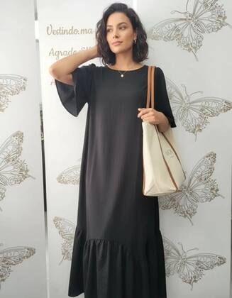 Imagem de Vestido Longo Preto G Decote Canoa Mangas Bufantes Babado Assimétrico