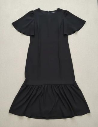 Imagem de Vestido Longo Preto G Decote Canoa Mangas Bufantes Babado Assimétrico