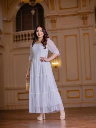 Imagem de Vestido Longo Rodado Tule Elegante Festa Manga 3/4