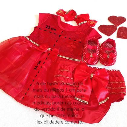 Imagem de Vestido Luxo RN à 05 Meses Renda Baby Com 4 Peças, Par Sapatinhos + Faixa Cabelo + Calcinha