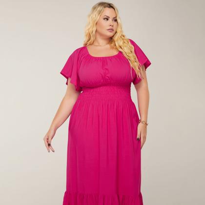Imagem de Vestido Manga Curta Plus Size Longo Acinturado Ajustável Ombro a Ombro Lastez Versátil Com Babado