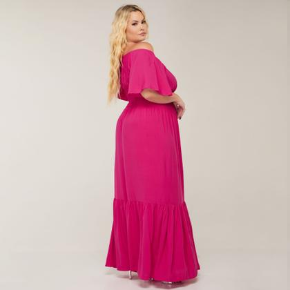 Imagem de Vestido Manga Curta Plus Size Longo Acinturado Ajustável Ombro a Ombro Lastez Versátil Com Babado