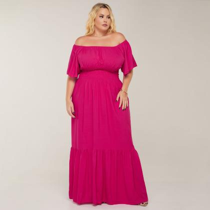 Imagem de Vestido Manga Curta Plus Size Longo Acinturado Ajustável Ombro a Ombro Lastez Versátil Com Babado