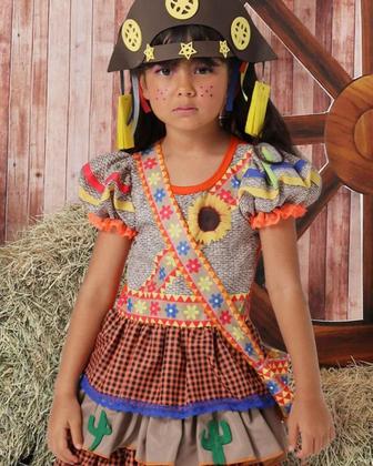 Imagem de Vestido Maria Bonita Infantil de Festa Junina Luxo Com Bolsinha