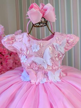Vestido Marie Jardim Encantado Rosa Bebe Borboleta Branca - mary kids Imagem de Vestido Marie Jardim Encantado Rosa Bebe Borboleta Branca
