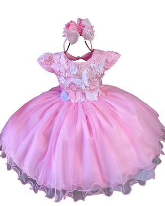 Vestido Marie Jardim Encantado Rosa Bebe Borboleta Branca - mary kids Imagem de Vestido Marie Jardim Encantado Rosa Bebe Borboleta Branca