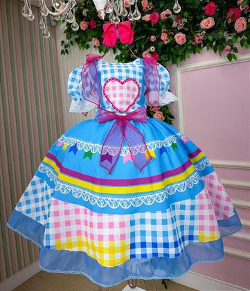 Imagem de Vestido Marie Junino Luxo Quermesse do Amor Azul - Tecido Tecnosoft Plus