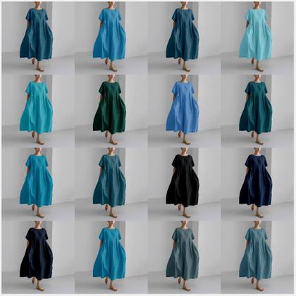 Imagem de Vestido MARSVOVO azul de linho solto de verão para mulheres