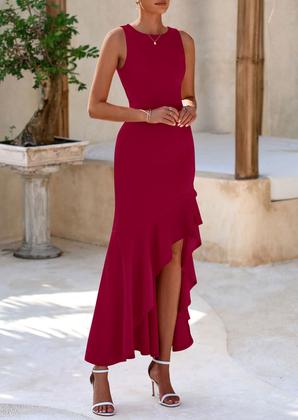Imagem de Vestido maxi feminino PRETTYGARDEN, babado de verão, sereia, vinho