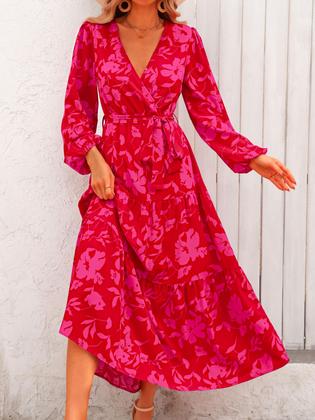 Imagem de Vestido maxi feminino PRETTYGARDEN, floral de outono, chiffon vermelho, XL
