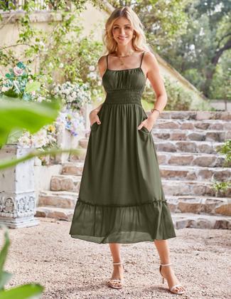 Imagem de Vestido maxi GRACE KARIN sem mangas com gola quadrada verde oliva