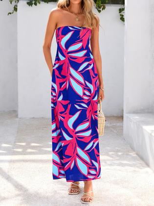 Imagem de Vestido maxi MASCOMODA Summer Boho Floral Tube Top vermelho marinho L