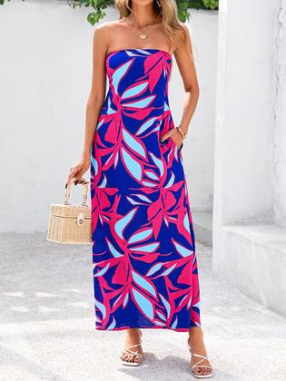 Imagem de Vestido maxi MASCOMODA Summer Boho Floral Tube Top vermelho marinho L