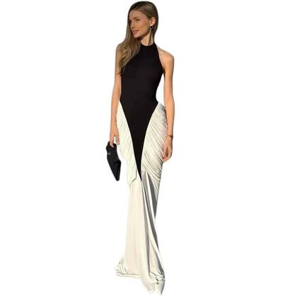 Imagem de Vestido Maxi Preto E Branco Com Recortes E Costas Descobertas Para Mulheres, Tendência De Verão,