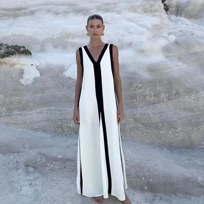 Imagem de Vestido Maxi Sem Mangas Com Decote Em V Para Mulheres, Casual E Elegante, Com Detalhes Em Cores E