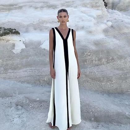 Imagem de Vestido Maxi Sem Mangas Com Decote Em V Para Mulheres, Casual E Elegante, Com Detalhes Em Cores E