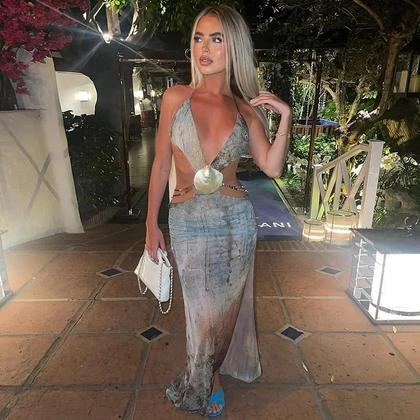 Imagem de Vestido Maxi Sem Mangas E Costas Descobertas Com Decote Em V Para Mulheres, Estilo Y2K, Estampa,