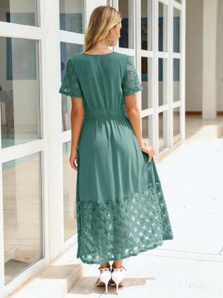 Imagem de Vestido maxi simples feminino com decote em V azul-petróleo de verão com bolsos L
