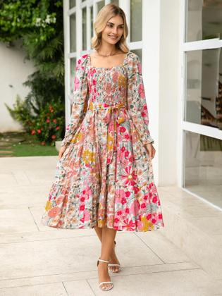 Imagem de Vestido maxi simples feminino, manga comprida, gola quadrada, rosa, floral