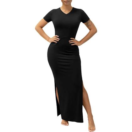 Imagem de Vestido maxi TOPSRANI com decote em V, mangas curtas, duplo lado, dividido