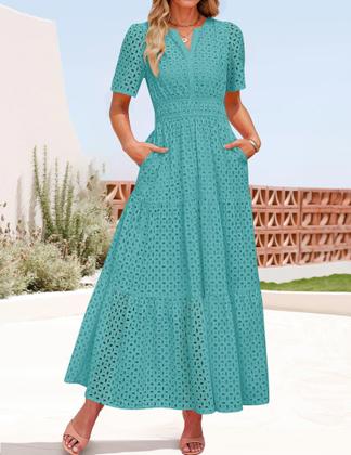 Imagem de Vestido maxi ZESICA 2025 de verão de manga curta com decote em V para mulheres