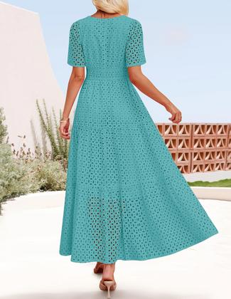 Imagem de Vestido maxi ZESICA 2025 de verão de manga curta com decote em V para mulheres