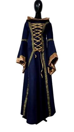Imagem de Vestido medieval donzela Luxuoso com capuz Suede e cetim dourado