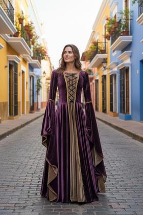 Imagem de Vestido Medieval Longo Cor Esclusiva Limitada Bege E Roxo