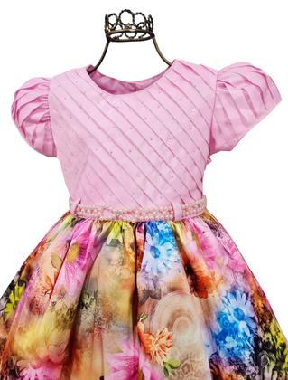 Imagem de Vestido Menina Bonita Rosa Saia Estampada Flores Multicolor