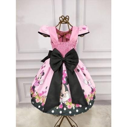 Imagem de Vestido Menina Infantil Luxo Temático Manga Viés Minnie Rosa Laço Preto