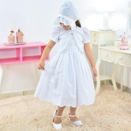 Imagem de Vestido Menina Laise Branco + Bolero + Touca: Batizado e Comunhão