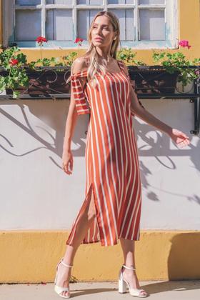 Imagem de Vestido Midi Alça Matuta Essencial Listrado Laranja Escuro