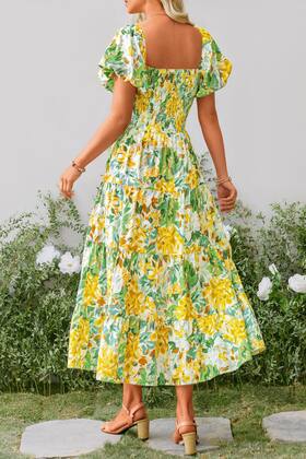 Imagem de Vestido Midi Amarelo Floral PRETTYGARDEN com Decote Quadrado e Lastex Tamanho L