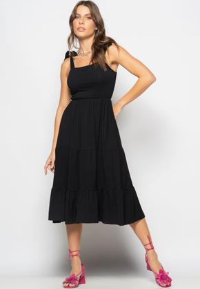 Imagem de Vestido Midi Babado Com Alça Amarração Malha Preto Salvatore