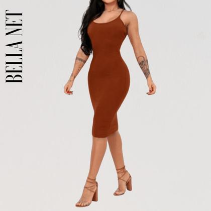 Imagem de Vestido Midi com Alcinhas Tecido Anarruga Vestido Tubinho Colado P ao GG - Café - P