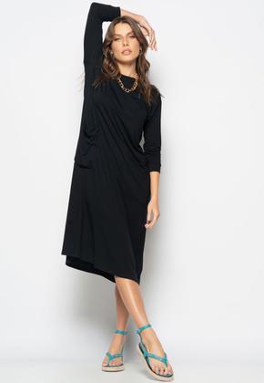 Vestido Midi Com Bolsos E Manga 7/8 Preto Salvatore - Salvatore Fashion Imagem de Vestido Midi Com Bolsos E Manga 7/8 Preto Salvatore