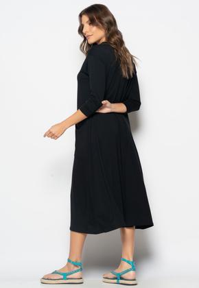 Vestido Midi Com Bolsos E Manga 7/8 Preto Salvatore - Salvatore Fashion Imagem de Vestido Midi Com Bolsos E Manga 7/8 Preto Salvatore